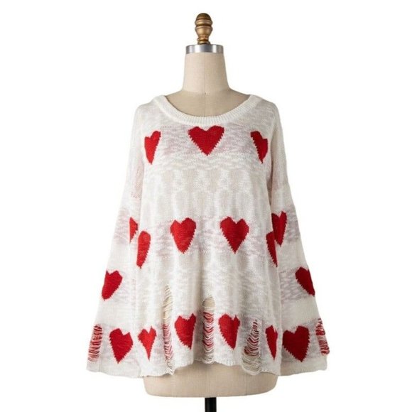 Miracle White Long Sleeve Distressed Heart Sweater W1204-WHITE - Picture 1 of 16